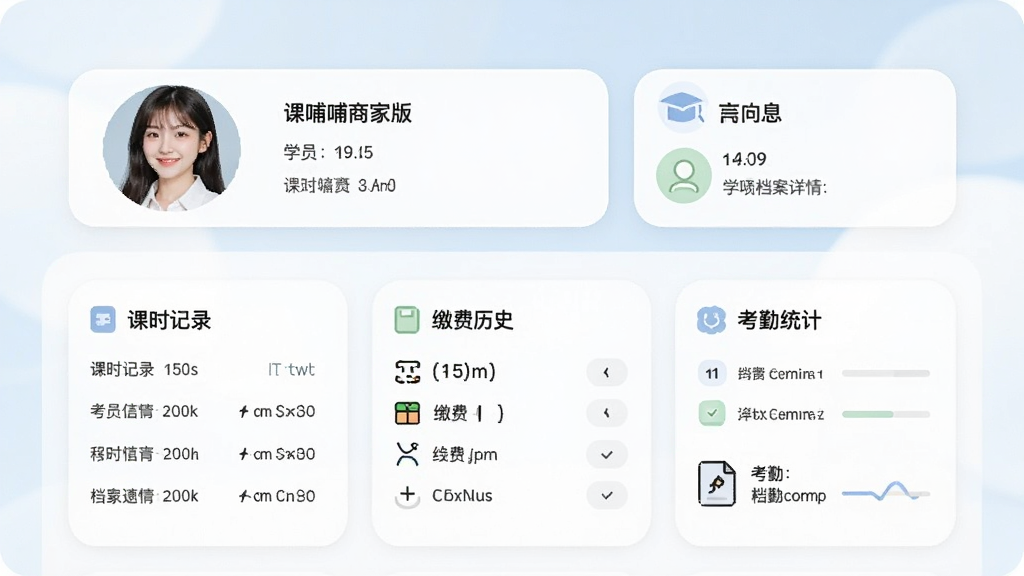 课哺哺商家版学员档案详情页,顶部为学员头像与基本信息卡片,下方详细列出课时记录、缴费历史与考勤统计,界面采用卡片式布局,信息层级分明,柔和圆角设计,整体风格清新专业