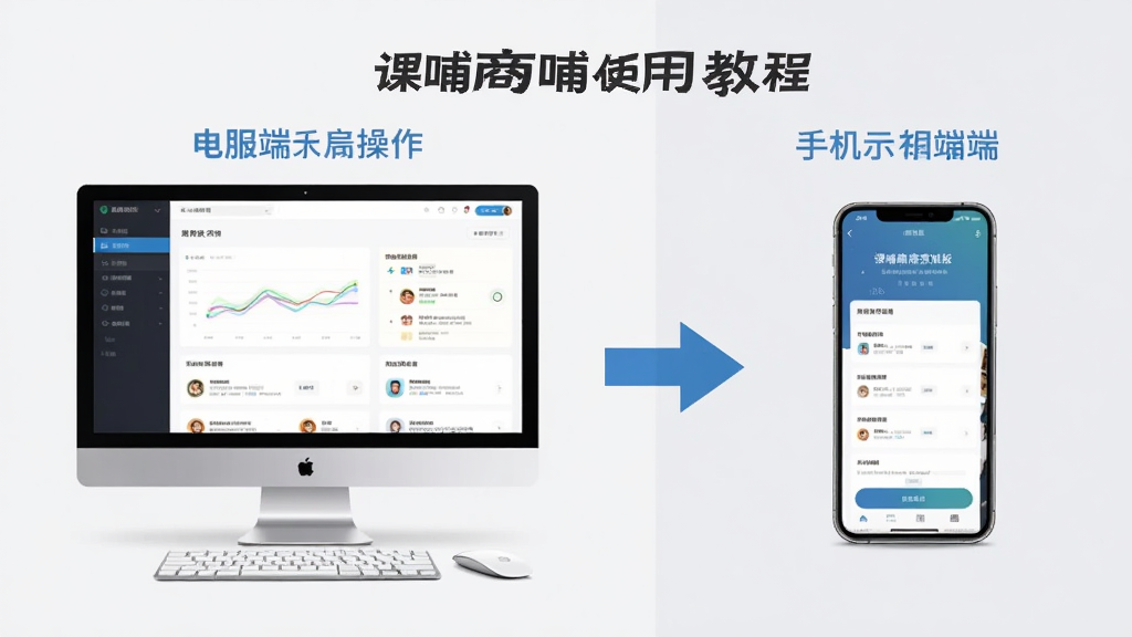 课哺哺商家版使用教程示意图,画面分为左右两部分,左侧为电脑端后台操作截图,右侧为手机端操作截图,中间用箭头连接,背景为浅灰色,配有简洁的说明文字标签,风格清晰易懂,画质干净