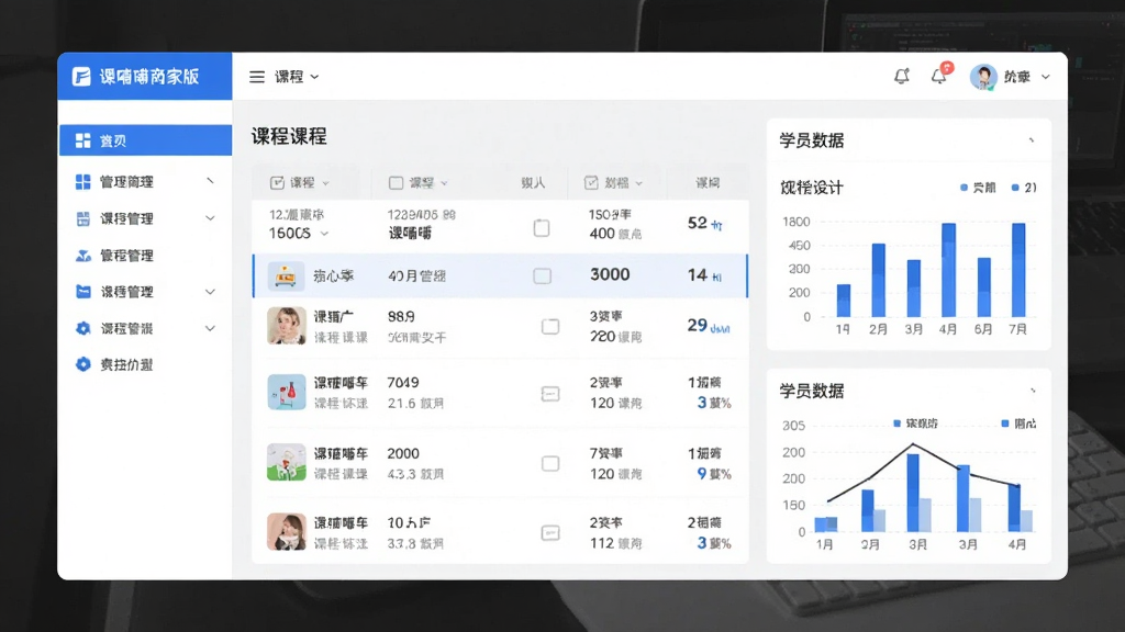 一幅现代简约风格的软件界面预览图,主体为课哺哺商家版的管理后台,左侧功能导航栏清晰可见,右侧展示课程列表与学员数据图表,整体布局扁平化,配色以蓝色和白色为主,干净明亮,画质清晰,无多余元素