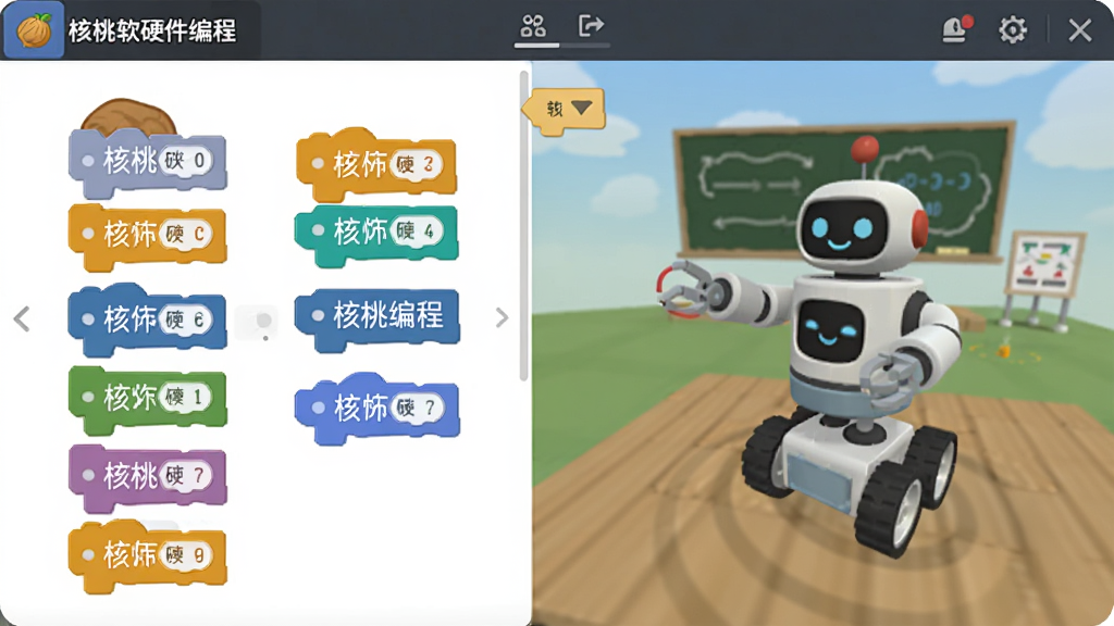 画面主体为“核桃软硬件编程”图形化编程界面,左侧是可拖拽的彩色积木指令区,右侧是实时预览的3D虚拟场景,布局清晰,排版规整,风格为现代扁平化设计,细节包含积木块上的中文标签和虚拟机器人执行动作,画质干净,无多余元素。