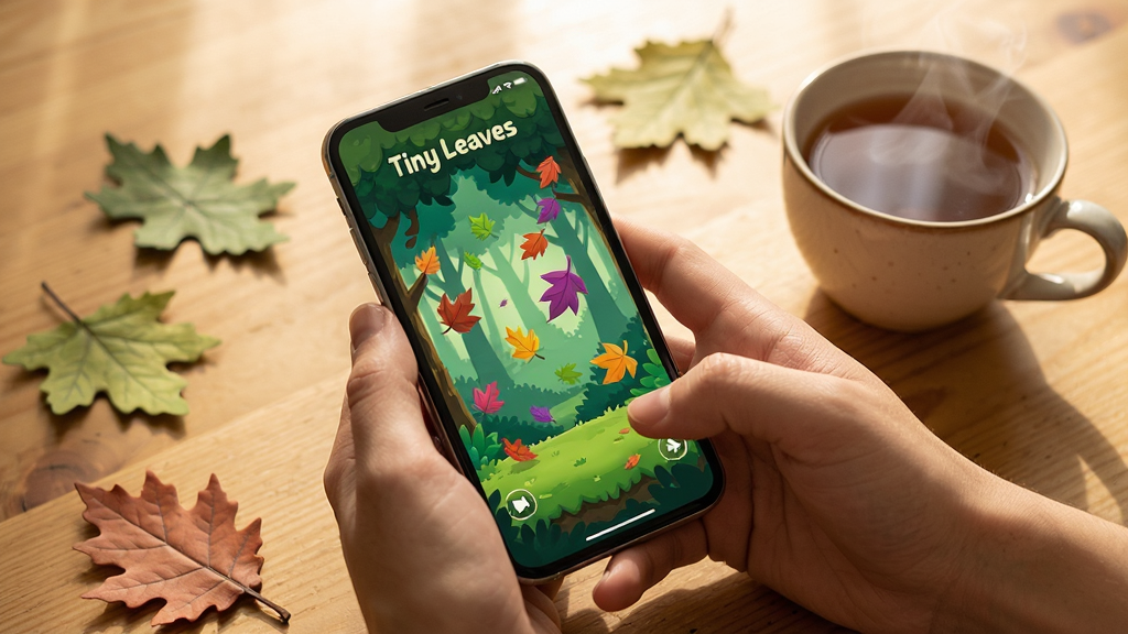 一位玩家正在使用手机游玩Tiny Leaves,屏幕上是彩色树叶在森林中飘荡的画面。手机放在桌面上,旁边有一杯热茶。布局以手机为中心,周围摆放着几片真实的树叶道具。风格为写实摄影风格,光线温暖,细节清晰,画质干净。手机屏幕上显示着