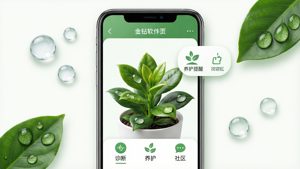 主体:金钻软件界面展示,手机屏幕上显示一盆翠绿的金钻绿植,旁边有养护提醒图标。布局:手机居中,屏幕内容清晰可见,左右两侧点缀有水滴和叶片元素。排版:界面简洁,功能图标排列整齐,下方有“诊断”“养护”“社区”三个标签。风格:清新自然,色调以绿色和白色为主。细节:屏幕中植物叶片纹理清晰,水滴晶莹剔透,图标带有柔和阴影。画质:高清,干净,无多余元素。