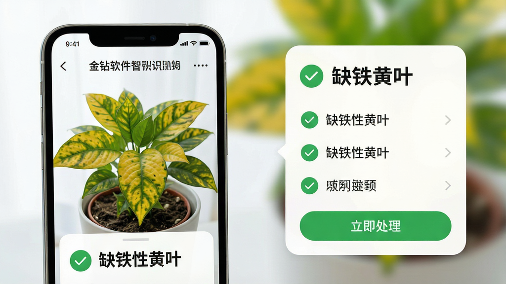 主体:金钻软件智能识别功能演示,手机对准一盆叶片发黄的绿植,屏幕显示识别结果“缺铁性黄叶”。布局:手机位于画面左侧,右侧弹出诊断结果卡片,卡片上有处理建议列表。排版:诊断结果卡牌采用圆角设计,文字清晰,图标易懂。风格:科技感与自然感结合,色调明亮。细节:叶片黄化纹理真实,屏幕中诊断结果带有绿色对勾,下方有“立即处理”按钮。画质:高清,干净,无多余元素。