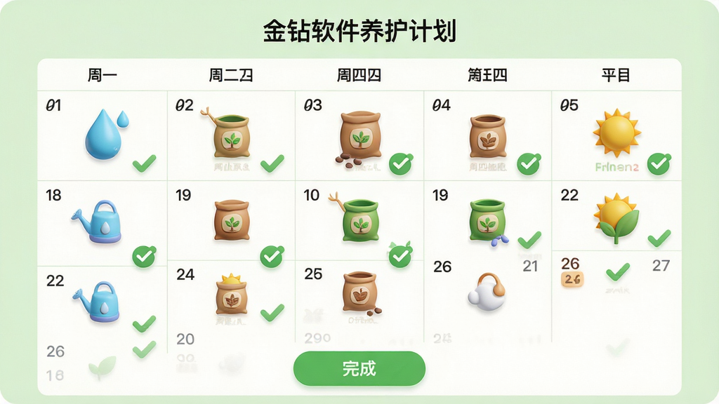 主体:金钻软件养护计划页面,显示一周的养护日程,包括周一浇水、周四施肥等。布局:日历视图占据主屏幕,每个日期下方有对应图标,底部有“完成”按钮。排版:日历采用网格布局,图标色彩丰富,文字清晰。风格:简约清新,背景为淡绿色。细节:日历上水滴、肥料袋、太阳等图标立体感强,已完成项目打上绿色勾。画质:高清,干净,无多余元素。