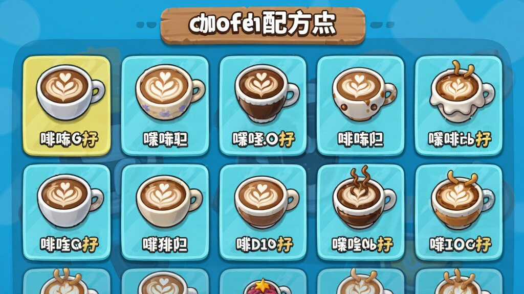 主体:游戏内咖啡配方列表界面,展示多种咖啡图标和名称,布局为网格排列,排版整齐,风格卡通明亮,细节包括拉花图案和配料标注,画质高清,干净无多余元素