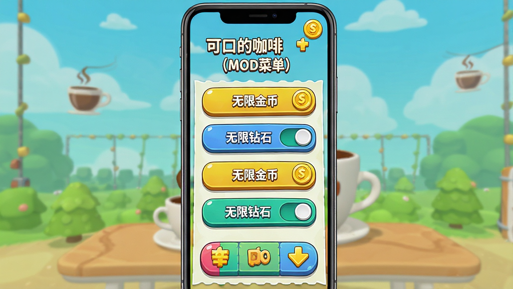 主体:智能手机屏幕显示“可口的咖啡(MOD菜单)”游戏画面,界面有“无限金币”“无限钻石”开关选项,布局为竖版全屏,排版清晰,风格明亮卡通,细节包括彩色按钮和金币图标,画质高清,干净无多余元素