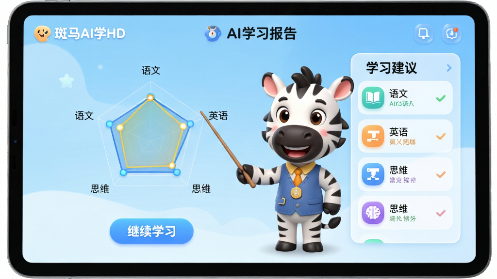 主体:斑马AI学HD的AI学习报告页面,平板屏幕上显示一个卡通斑马老师正在讲解数据图表。布局:左侧为雷达图展示各项能力评分,右侧为学习建议列表。排版:图表下方有“继续学习”按钮,整体信息层级分明。风格:科技感与童趣结合,背景为浅蓝色渐变,图标圆润。细节:报告上有“语文”、“英语”、“思维”等科目维度,斑马老师手持教鞭。画质:高清渲染,干净,无多余元素。