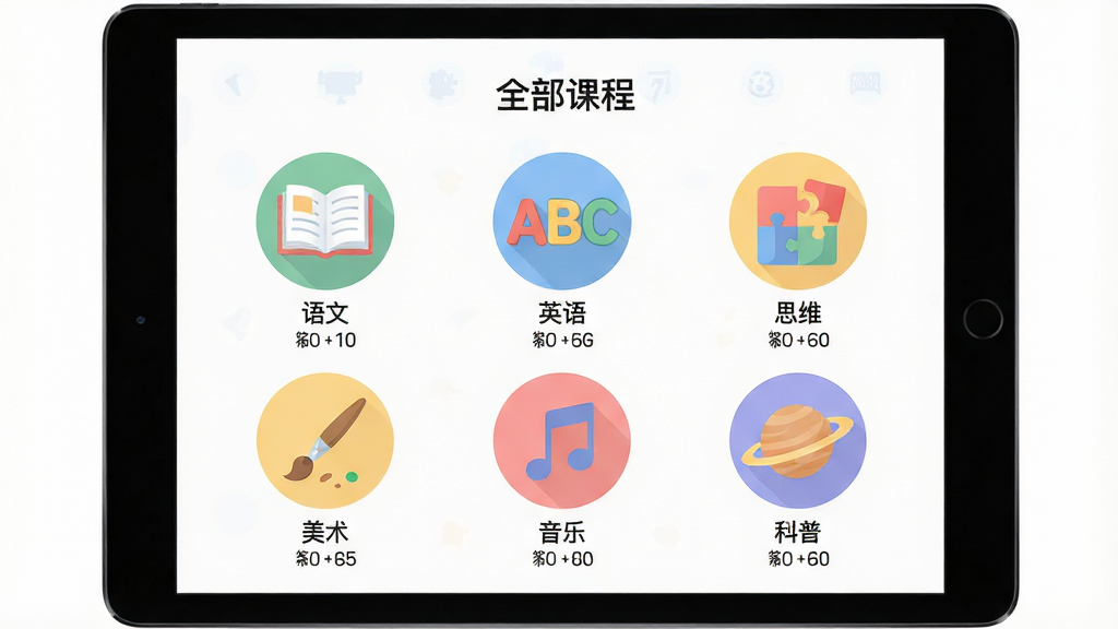 主体:斑马AI学HD课程选择界面,平板屏幕上展示六个学科图标。布局:顶部为“全部课程”标题,下方以六宫格形式排列各学科图标。排版:每个图标下方有学科名称和课程数量,整体对称。风格:扁平化插画风,色彩柔和,图标为圆形。细节:图标分别代表语文(书本)、英语(ABC)、思维(拼图)、美术(画笔)、音乐(音符)、科普(星球)。画质:高清晰度,干净,无多余元素。