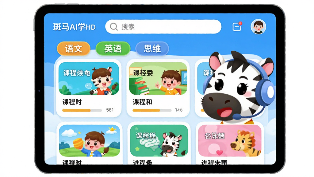 主体:斑马AI学HD应用界面在平板电脑上展示,界面色彩明亮,包含可爱的斑马卡通形象和丰富的课程图标。布局:屏幕中央显示课程列表,上方有搜索栏和用户头像,整体布局清晰有序。排版:课程卡片整齐排列,每个卡片有课程名称和配图,下方有进度条。风格:卡通插画风格,色彩鲜艳,圆角设计,适合儿童审美。细节:屏幕上有“语文”、“英语”、“思维”等标签,斑马形象戴着耳机微笑。画质:4K高清,干净,无多余元素。