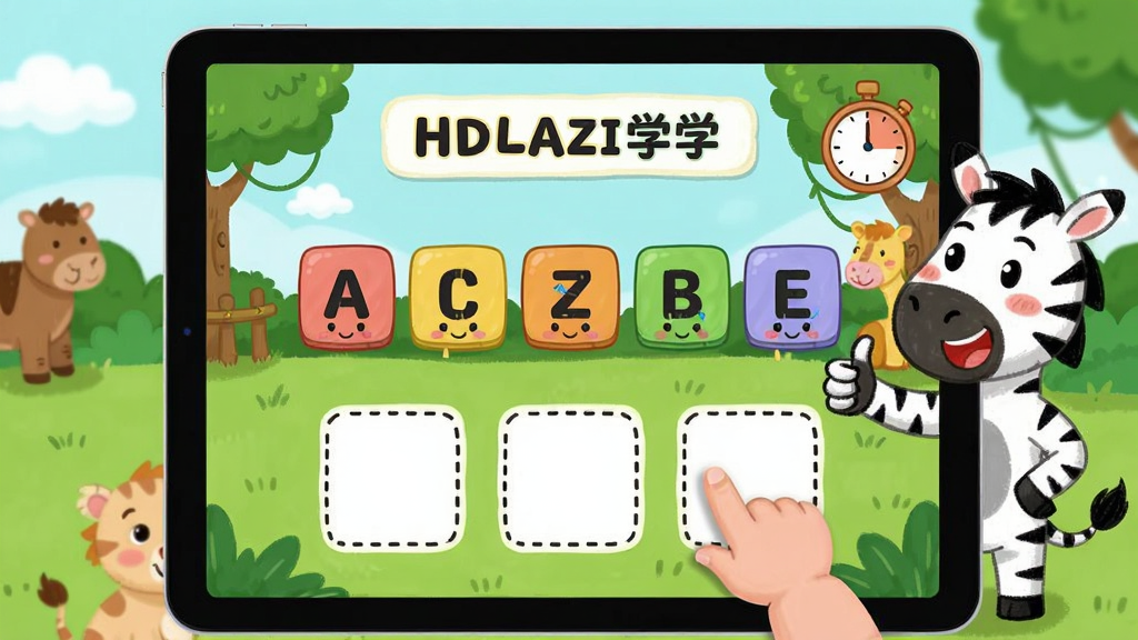 主体:斑马AI学HD互动学习场景,平板屏幕上显示一个卡通动物园,孩子正在拖拽字母拼单词。布局:上方为题目提示,中间为可拖拽的字母块,下方为三个空位。排版:字母块色彩鲜艳,空位有虚线框,右上角有计时器。风格:卡通手绘风,背景为绿色草地和动物。细节:斑马老师在一旁竖起大拇指鼓励,字母块上有小表情。画质:细腻,干净,无多余元素。