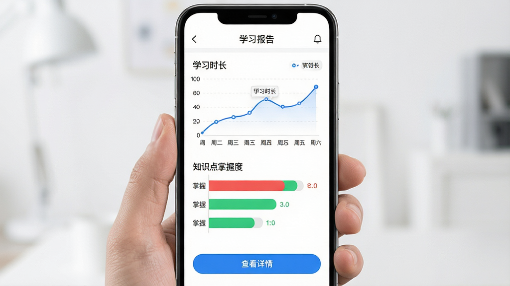 主体:斑马AI学HD家长端界面,手机屏幕显示孩子学习数据曲线。布局:顶部为“学习报告”标题,下方为折线图展示学习时长,再下方为知识点掌握度条形图。排版:图表下方有“查看详情”按钮,整体简洁。风格:商务简约,背景白色,蓝色数据线。细节:图表标注周一至周日,条形图用红绿表示掌握情况。画质:高清,干净,无多余元素。