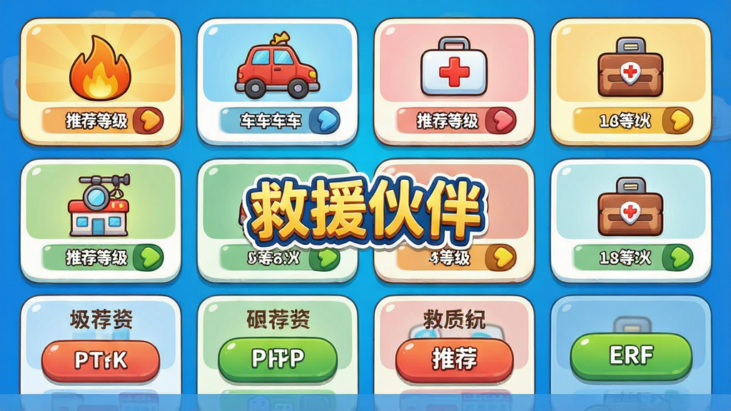 一张游戏操作界面截图风格的图片,主体是救援伙伴游戏的任务选择界面,屏幕上显示多个不同难度的救援任务卡片,包括火灾、车祸、急救等图标。布局为网格状排列,每张卡片上有任务名称和推荐等级。风格为卡通UI设计,色彩明亮,按钮圆润。画面中央有“救援伙伴”的游戏Logo。画质清晰,界面干净整洁,无多余元素。
