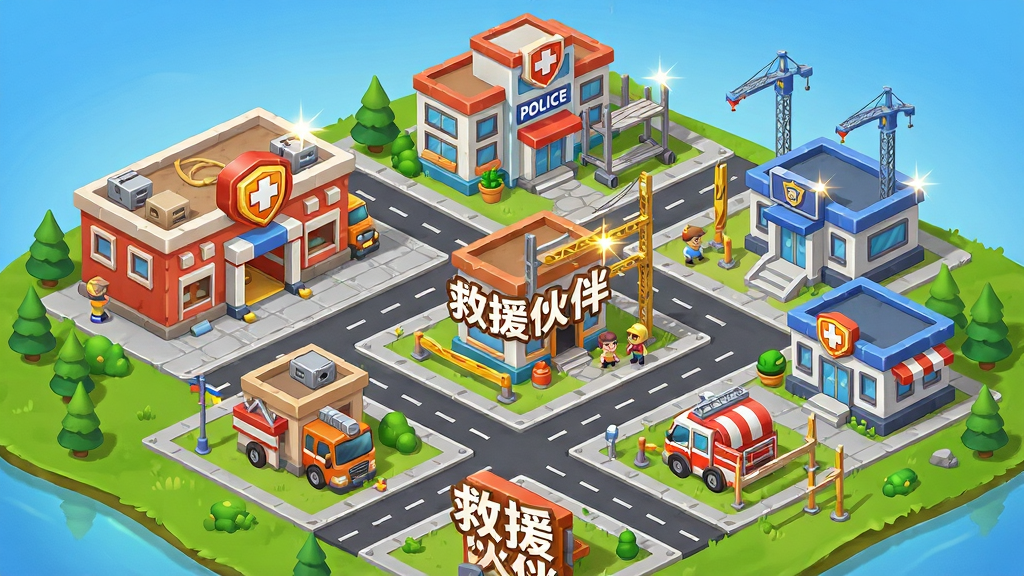 一幅游戏基地建设画面,主体是救援伙伴游戏中的救援基地全景,包含消防局、医院、警局等建筑,正在升级扩建中。布局采用俯瞰视角,建筑排列有序,有道路连接。风格卡通精致,色彩丰富,细节展现建筑升级的闪光效果。画面中有“救援伙伴”字样。画质高清,整体干净,无多余元素。