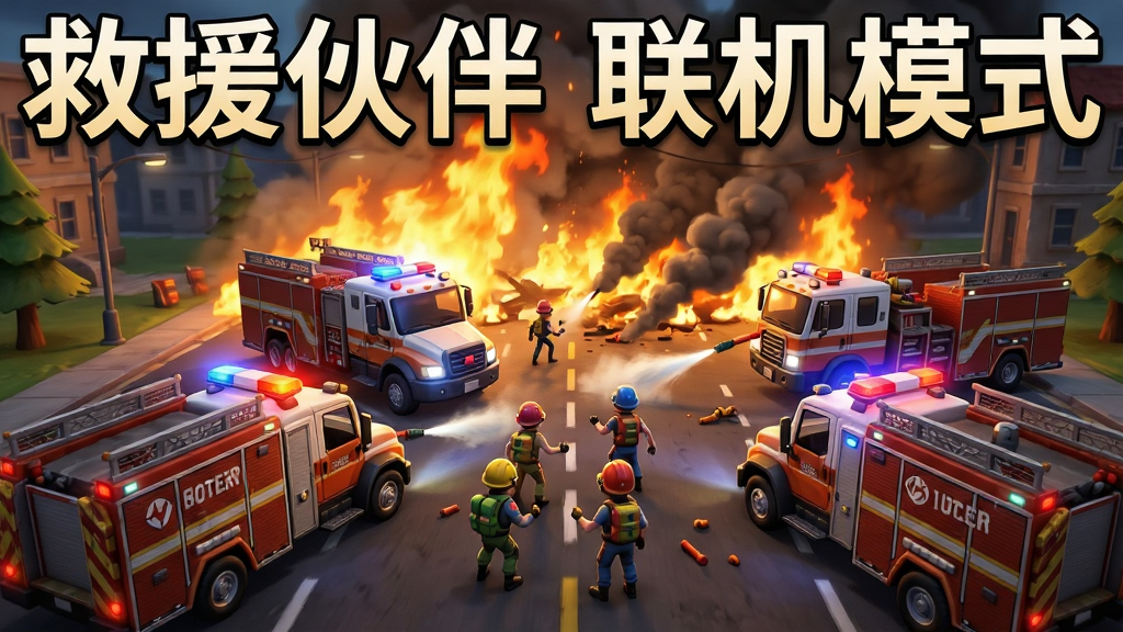 一张多人联机游戏截图,主体是救援伙伴游戏中的合作救援场景,多名玩家的救援车辆同时出现在一个画面中,正在协同扑灭一场大火。布局为动态视角,画面充满火焰、浓烟和救援车辆的灯光。风格卡通写实结合,色彩对比强烈。画面顶部有“救援伙伴”联机模式字样。画质清晰,细节丰富,无多余元素。