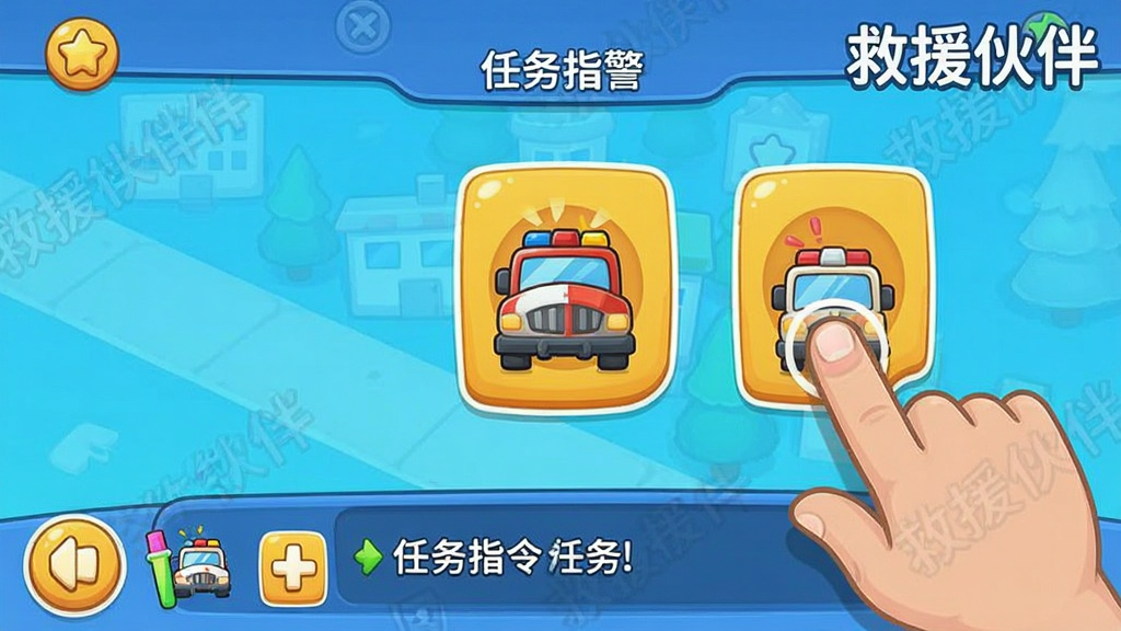 一幅游戏操作示意图,主体是救援伙伴游戏中的出警界面,手指点击屏幕上的救援车辆图标,正在选择派遣。布局为手机竖屏界面,下方有任务指令栏。风格卡通简洁,色彩明亮。画面中有“救援伙伴”名称水印。画质清晰,界面干净,无多余元素。