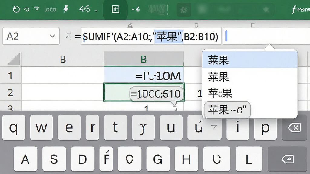 展示Excel电子表格手机版输入公式的场景,主体是编辑栏中显示的复杂公式,如“=SUMIF(A2:A10,