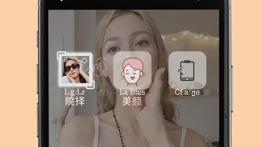 美妆修图美颜神器软件使用教程画面,手机屏幕中显示修图步骤指引,包含选择照片、应用美颜、保存分享等图标,背景为浅橙色,界面简洁,排版清晰,画质干净,无多余元素