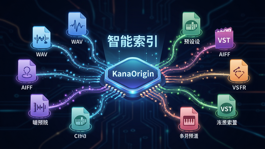 主体:KanaOrigin智能索引引擎工作示意图,以放射状线条连接各类音频文件图标。布局:中央为发光的“KanaOrigin”核心图标,周围环绕着WAV、AIFF、VST预设等不同格式的文件块,线条将它们串联。排版:核心图标上方有“智能索引”字样,文件块下方标注格式名称。风格:科技感插画,线条流畅,色彩明亮。细节:线条带有流动的光点,体现数据传输与处理过程。画质:高清晰度,背景纯净,聚焦于主体结构。