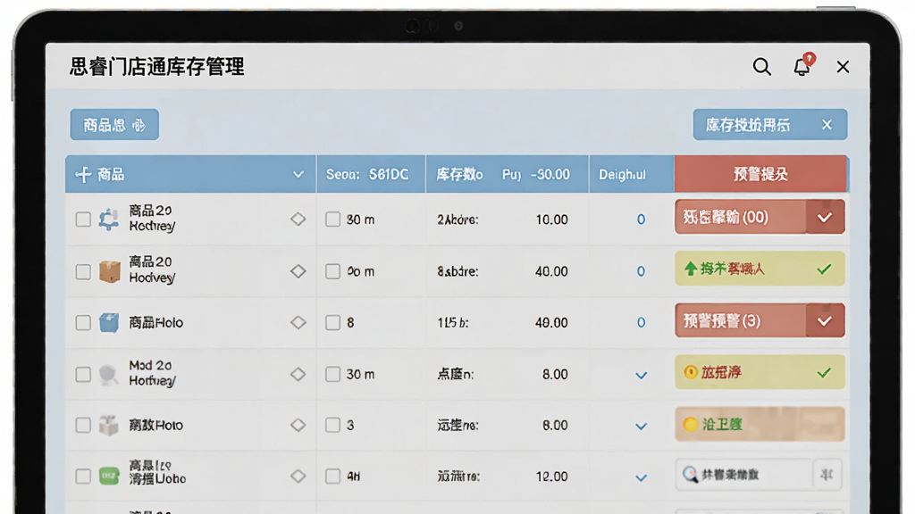 思睿门店通库存管理页面示意图,展示商品列表、库存数量、预警提示等元素,表格形式清晰,色彩以淡蓝色和白色为主,界面简洁,数据直观,画质干净,无多余元素