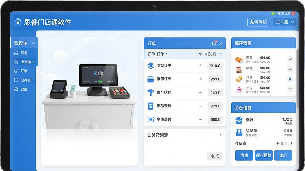 一张展示思睿门店通软件主界面的高清截图,界面包含收银台、订单列表、库存预警、会员信息等模块,整体风格简洁明亮,色调以蓝色和白色为主,布局清晰,图标精致,背景干净无多余元素,画质细腻,突出软件的专业性与易用性