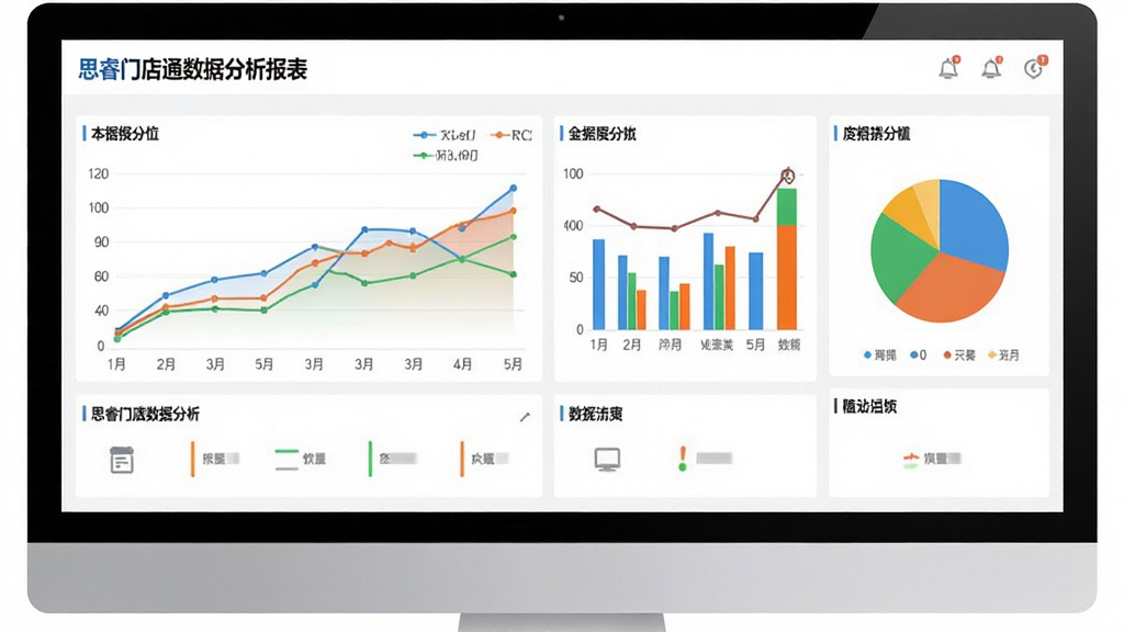 思睿门店通数据分析报表界面,展示折线图、柱状图、饼图等图表,数据清晰可读,界面以白色为底,图表配色鲜明,布局专业,画质清晰,无多余元素