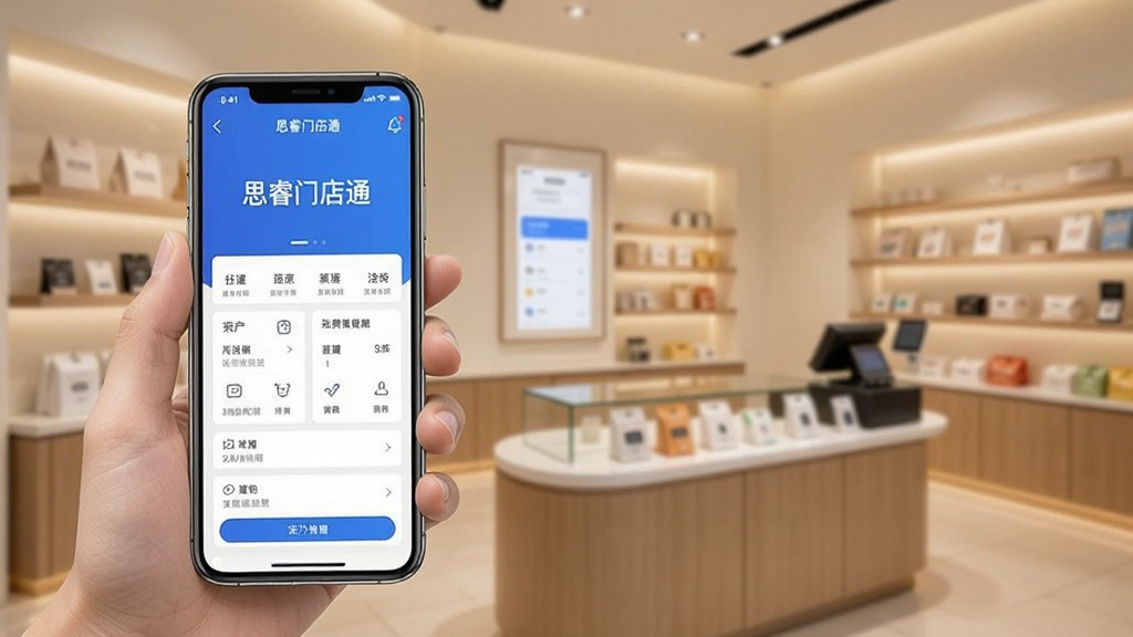 一张手机使用思睿门店通的场景图,手机屏幕显示软件主界面,背景为整洁的店铺环境,光线柔和,画面清晰,突出移动端操作的便捷性