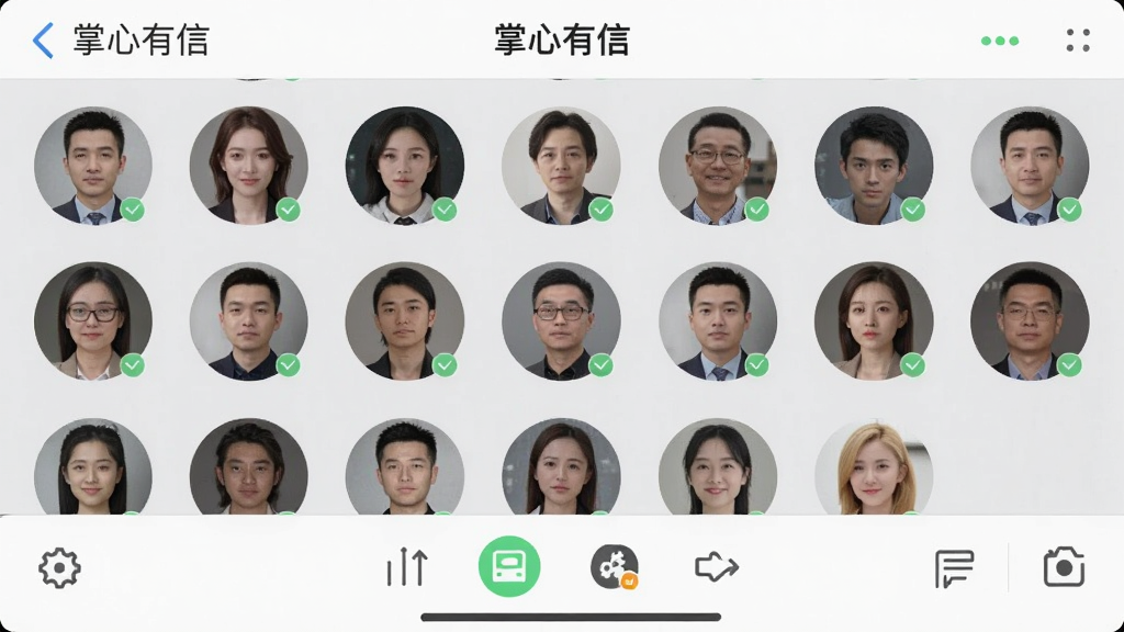 一幅展示“掌心有信”群组聊天界面的截图,屏幕内显示多个群成员头像整齐排列,底部有管理工具图标,背景为浅灰色,风格简洁,布局规整,细节真实,画质清晰,无多余元素