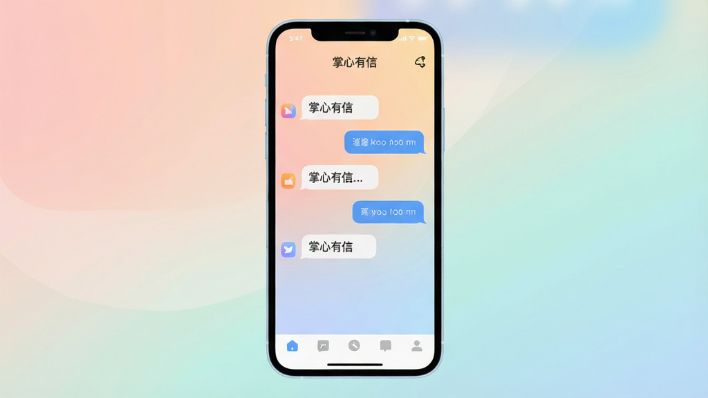 一幅现代扁平化风格的智能手机界面展示图,屏幕中央显示“掌心有信”的对话列表,背景为柔和的渐变色,界面简洁清爽,突出消息气泡和底部导航栏,整体排版干净,画质清晰,无多余元素