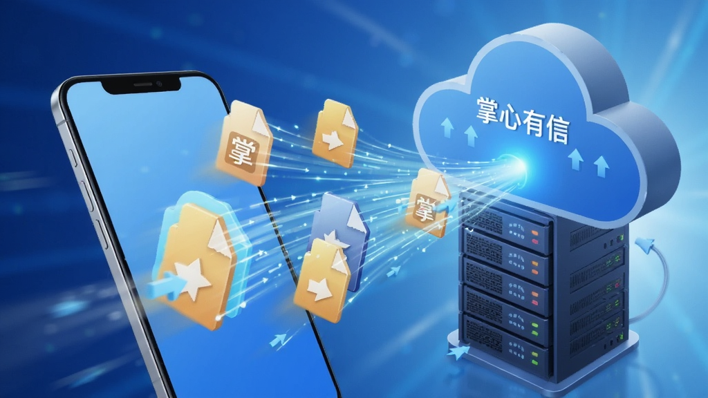一幅动态感十足的图片,展示“掌心有信”正在向云端服务器快速上传多个文件图标,文件以流光线条形式飞入手机,背景为明亮的科技蓝,构图具有速度感,风格立体,细节精致,画质高,无多余元素
