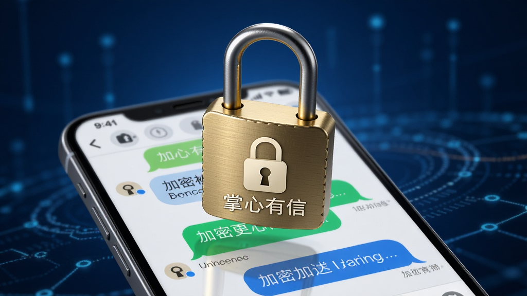 一张展示“掌心有信”加密锁图标与聊天界面结合的创意图片,画面中一把金色锁具悬浮在手机屏幕上方,屏幕内显示加密后的对话气泡,背景为深蓝色科技感渐变,整体布局居中,风格写实,细节丰富,画质清晰,无多余元素
