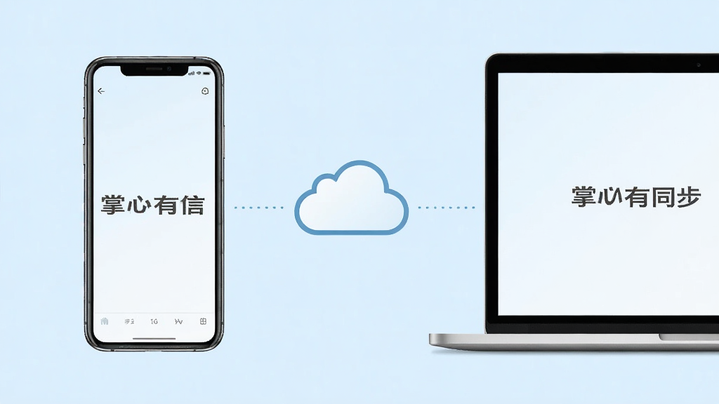 一幅展示“掌心有信”在手机与电脑端同步使用的场景图,左侧为手机界面,右侧为笔记本电脑屏幕,中间以云朵图标连接,背景为干净的浅蓝色,风格简约,布局对称,细节清晰,画质高,无多余元素