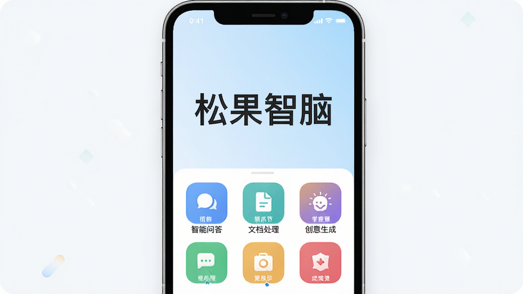 一幅现代简约风格的手机应用界面预览图,屏幕中央显示“松果智脑”四个大字,下方排列着智能问答、文档处理、创意生成等彩色功能图标,背景为淡蓝色渐变,整体布局清晰明亮,画质干净,无多余元素