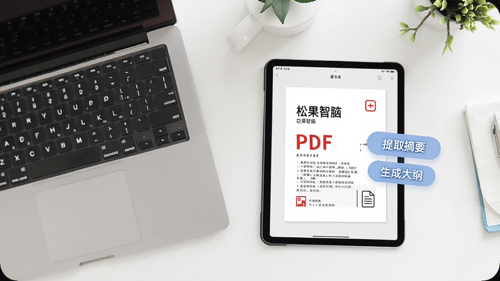 一张办公桌俯拍图,桌面上放着笔记本电脑和平板,平板屏幕显示松果智脑正在解析一份PDF文件,旁边有“提取摘要”“生成大纲”的悬浮按钮,整体色调明亮,干净整洁