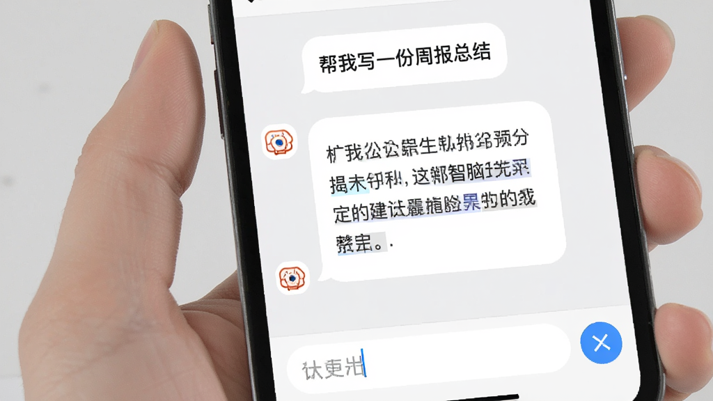 手机屏幕上显示一段对话界面,用户输入“帮我写一份周报总结”,松果智脑以气泡形式回复结构化文本,界面下方有输入框和发送按钮,背景为浅灰色,整体风格干净简约,画质清晰