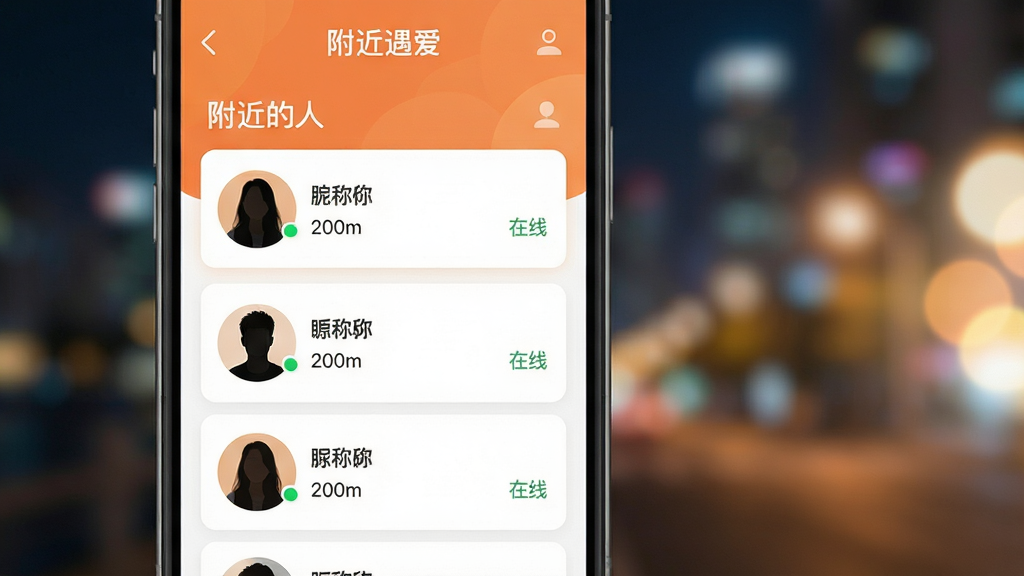 主体:手机屏幕展示“附近遇爱”交友软件主界面,界面顶部有“附近的人”字样,下方列表显示用户头像、昵称、距离和在线状态。布局:垂直构图,手机居中偏左,右侧留白配以柔和光斑,背景为模糊的城市夜景。排版:界面UI清晰,卡片式列表,头像圆形排列,信息层级分明。风格:现代扁平化,色彩以暖橙色和白色为主,整体明亮温馨。细节:头像展示真实人物剪影,距离标注“200m”,有绿色在线圆点;画面干净,无多余元素,画质高清,光影自然。