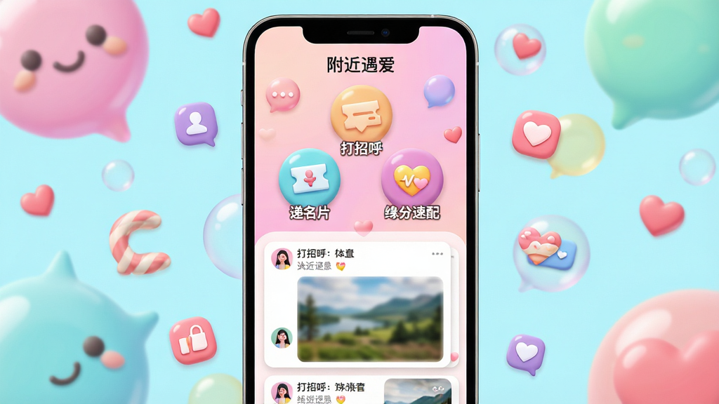 主体:手机界面展示“附近遇爱”的互动功能面板,包含“打招呼”“递名片”“缘分速配”三个圆形图标,下方有动态信息流。布局:手机居中,背景为多彩气泡和爱心图案,周围有社交图标点缀。排版:功能图标排列成三角形,动态卡片纵向滚动,带有文字和图片。风格:活泼明快,糖果色系,圆润卡通元素。细节:图标有微立体效果,动态卡片有模糊的风景照,画面干净,画质细腻。