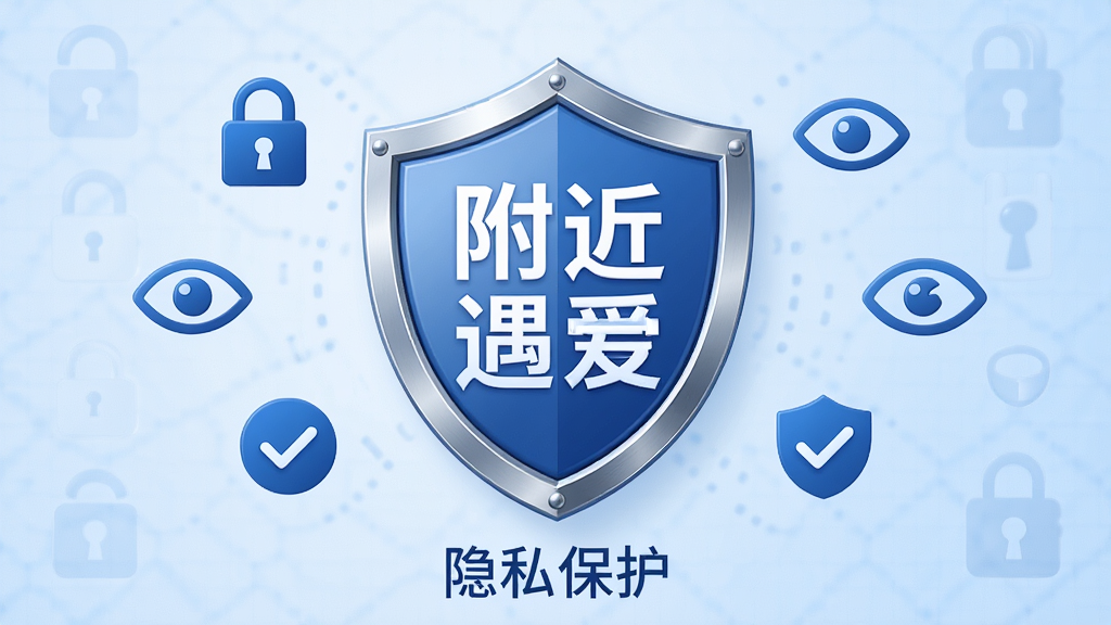 主体:盾牌图标位于画面中央,盾牌表面有“附近遇爱”字样,周围环绕着锁、眼睛、对勾等安全图标。布局:居中对称构图,背景为淡蓝色渐变,有细微的网格纹理。排版:盾牌最大,安全图标围绕排列,底部有“隐私保护”字样。风格:简洁商务风,蓝色系,稳重可靠。细节:盾牌边缘有金属光泽,图标线条流畅,画面干净无多余元素,画质高清。