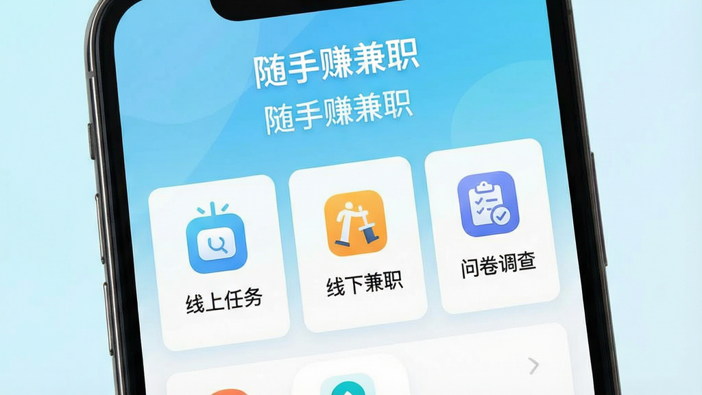 一张智能手机屏幕展示“随手赚兼职”应用主界面,界面顶部显示应用名称“随手赚兼职”,下方排列多个兼职任务卡片,卡片上有“线上任务”、“线下兼职”、“问卷调查”等分类图标,背景为清新的浅蓝色渐变,整体风格简洁现代,应用图标醒目,画质高清,干净无多余元素