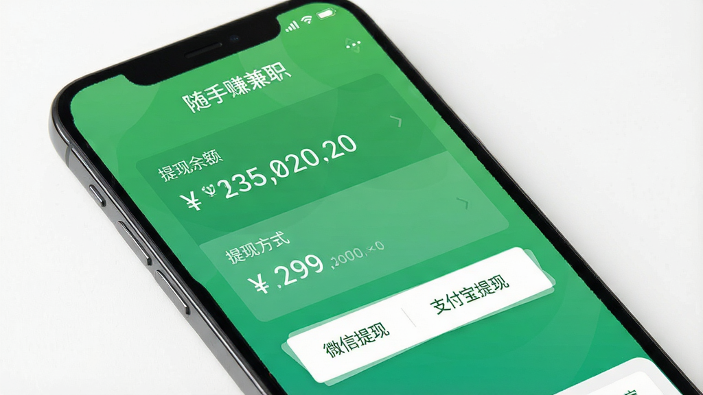 “随手赚兼职”的提现界面,手机屏幕上显示“提现余额”和“提现方式”选项,下方有“微信提现”和“支付宝提现”按钮,背景为绿色渐变,界面简洁大方,货币符号和数字清晰可见,画质高清,干净无多余元素