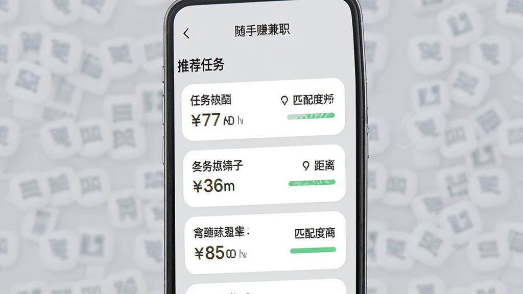 “随手赚兼职”应用内的智能推荐界面,屏幕中央显示“推荐任务”列表,每个任务卡片包含任务名称、报酬金额、距离和匹配度百分比,背景为柔和的灰色,卡片采用圆角设计,界面布局清晰,画质细腻,干净无多余元素