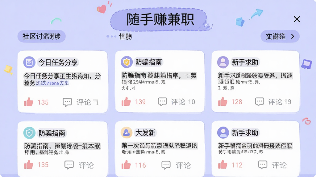 展示“随手赚兼职”的社区讨论区,屏幕上显示多个帖子标题,如“今日任务分享”、“防骗指南”、“新手求助”,帖子下方有点赞和评论图标,背景为淡紫色,界面活泼,画质清晰,干净无多余元素