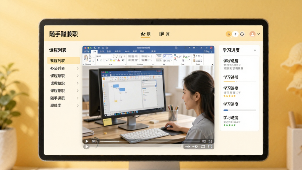 展示“随手赚兼职”的技能课堂页面,屏幕中播放一段教学视频,视频内容为办公软件操作,旁边有“课程列表”和“学习进度”侧边栏,背景为暖黄色调,画质柔和,干净无多余元素