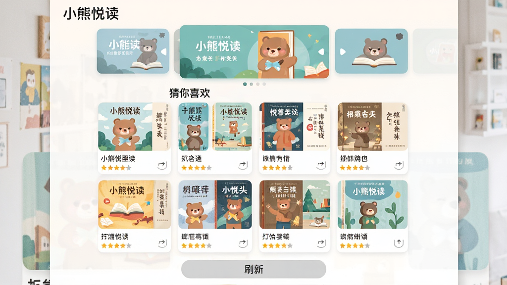 ���壺С���ö�App�ġ�����ϲ�����Ƽ�ҳ�档���֣�����Ϊ�ֲ�������·�Ϊ�����鼮��Ƭ�����Ű棺���񲼾֣�ÿ�ſ�Ƭ�������桢���������֡�����ִ���ƽ����ɫ����͡�ϸ�ڣ��������Ͻ���ʾ��С���ö������֣��Ƽ��鼮������������ײ��С�ˢ�¡���ť�����ʣ��������ɾ����޶���Ԫ�ء�