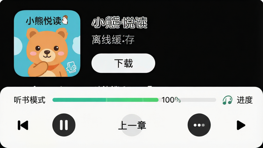 ���壺С���ö�App�����߻���������ģʽ���档���֣��ϰ벿��Ϊ�鼮����ҳ����ʾ�����ء���ť���°벿��Ϊ���ſ���������������/��ͣ����һ�¡���һ�°�ť���Ű棺���½ṹ����Ϣ��������񣺼��ʵ�ã�ͼ������������ϸ�ڣ������г��֡�С���ö�����ʶ�����ؽ�������ʾ100%������������ʾ������ģʽ�����������ʣ����壬�ɾ����޶���Ԫ�ء�