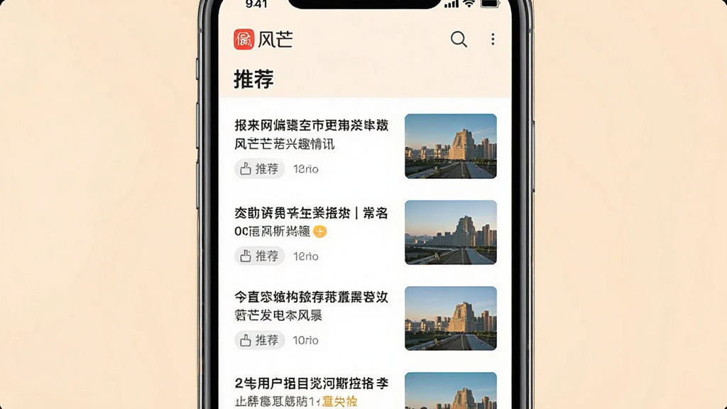 主体:风芒APP的推荐频道页面,展示个性化资讯列表。布局:手机屏幕居中,信息流式布局,每条新闻包含标题和图片。排版:简洁清爽,图文结合。风格:扁平化设计,色彩温和。细节:屏幕中显示“风芒”logo和“推荐”字样,新闻标题与用户兴趣相关。画质:高清,干净,无多余元素。