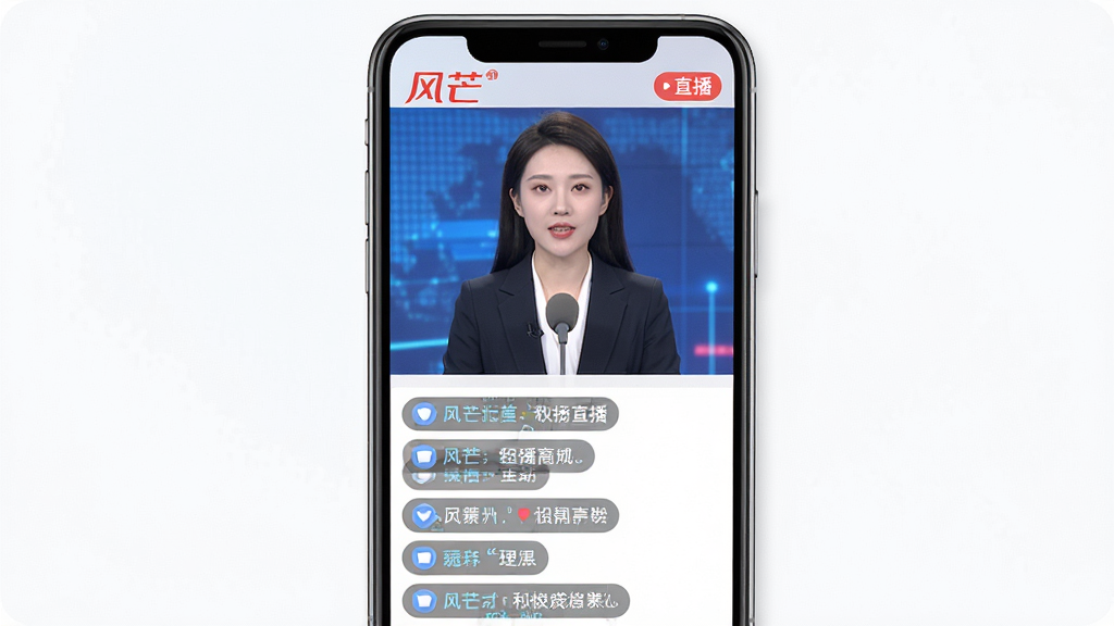 主体:风芒APP的直播界面,主播正在播报新闻。布局:手机屏幕居中,上方为直播画面,下方为评论弹幕。排版:画面清晰,弹幕滚动。风格:现代科技感,实时互动。细节:屏幕中显示“风芒”logo和“直播”字样,主播形象专业,弹幕内容积极。画质:高清,干净,无多余元素。