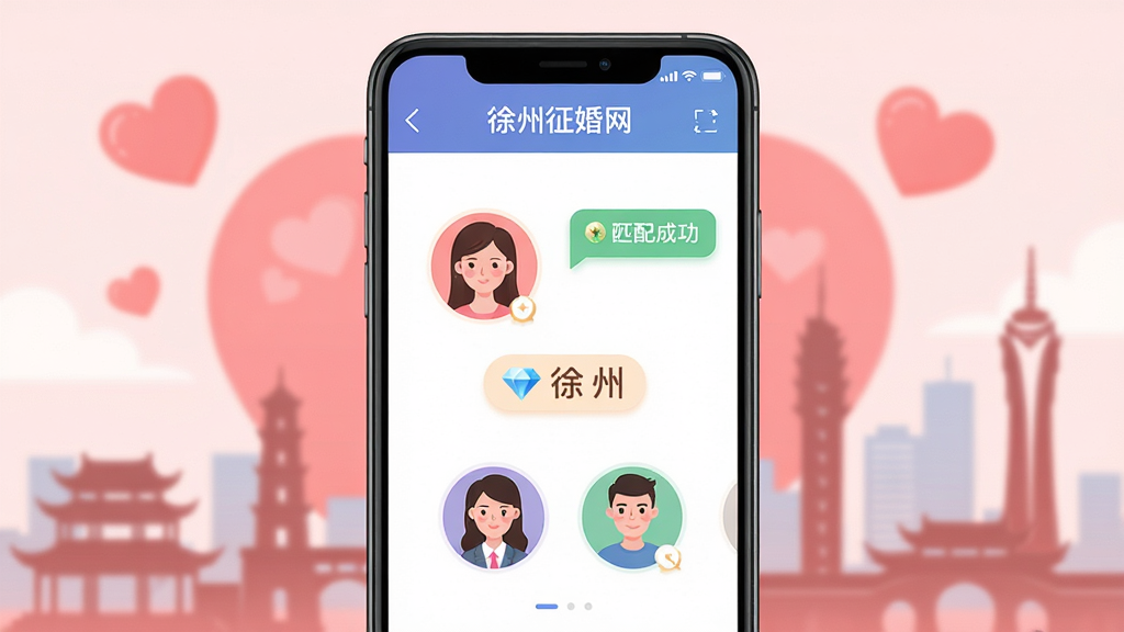 画面主体为一部智能手机屏幕,屏幕内显示“徐州征婚网”交友软件界面,界面中有男女用户头像和匹配成功提示,背景是温馨的粉色爱心和模糊的城市徐州地标剪影,布局采用居中构图,界面清爽简洁,风格为现代扁平化插画,细节包括消息气泡和钻石会员标识,画质高清干净,无多余元素