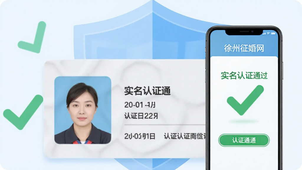 图片主体为一张放大的身份证和手机屏幕,屏幕上显示“徐州征婚网”实名认证通过界面,布局为主角居中,背景采用浅蓝色盾牌和绿色对勾元素,风格为写实与扁平结合,细节包括用户头像和认证日期,画质清晰干净,无多余元素