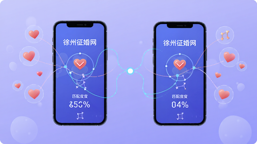 画面主体为两台手机相互连接,屏幕中显示“徐州征婚网”匹配成功,周围有爱心和连线图标,背景为柔和的渐变紫色,布局采用对称式设计,风格为科技感插画,细节包括星座符号和匹配度百分比,画质高清干净,无多余元素