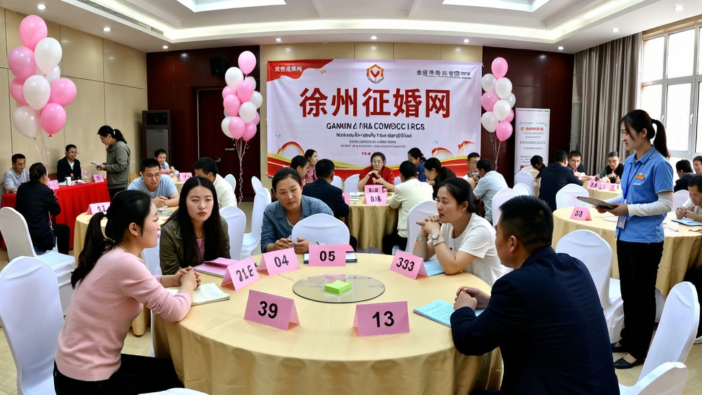图片主体为一场热闹的线下相亲活动,现场有粉白色气球和“徐州征婚网”横幅,男女嘉宾围坐圆桌交谈,布局采用横幅全景构图,风格为写实摄影风格,细节包括桌牌号码和工作人员引导,画质明亮干净,无多余元素